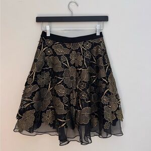 Anthropologie Eva Franco Black Gold Floral Applique Mini Skirt 2P Side Zip Lined